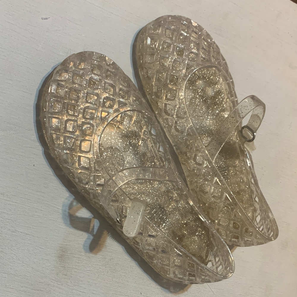 Girls Clear Gold Glitter Jelly Mary Jane Sandals with Adjustable Strap